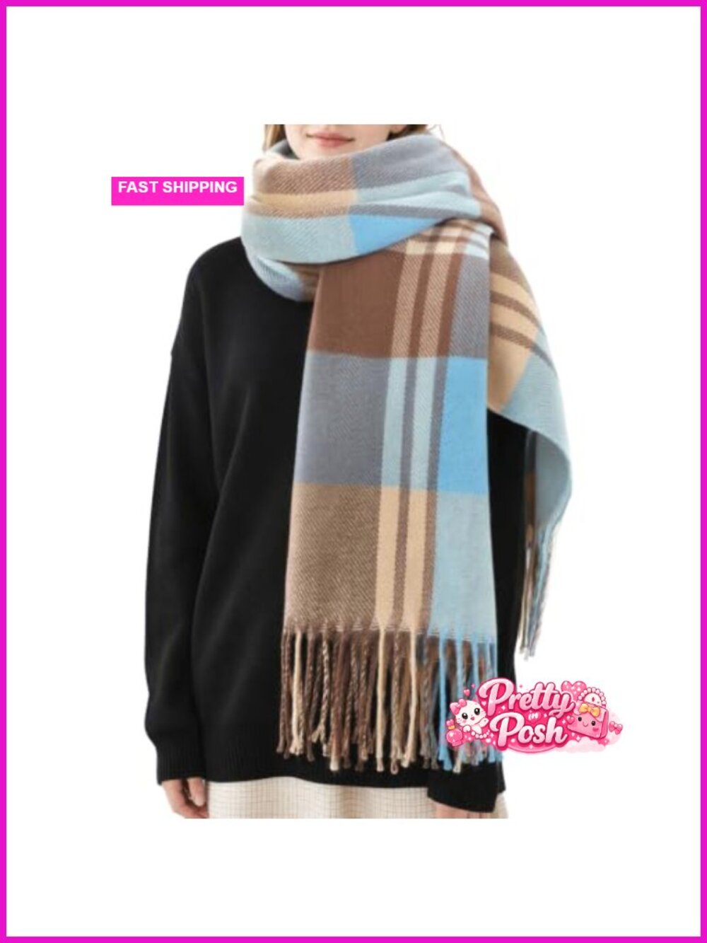 Plaid Winter Scarf with Tassels Soft Polyester Wrap